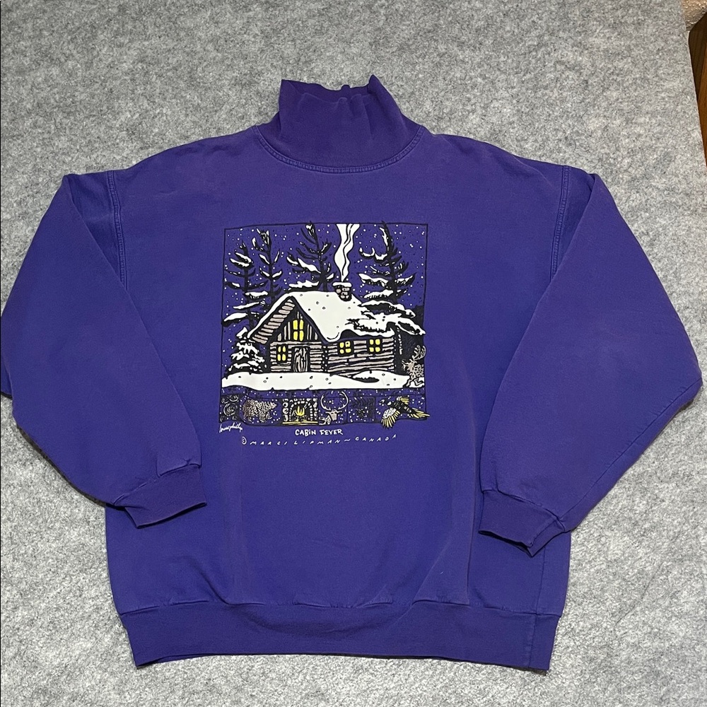Vintage Canadiana Marci Lipman Purple Winter Cabin Turtleneck Sweatshirt